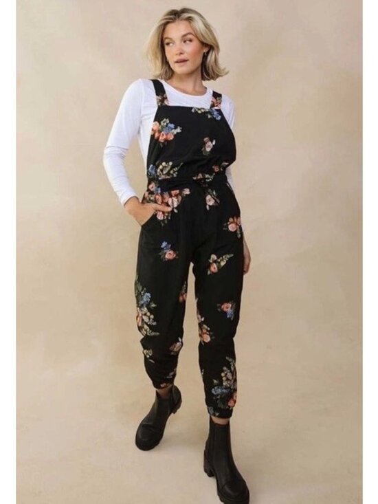 Albion Pants - ALBION FIT Rose Black Classic Overall Jumpsuit Size Large Romantic Floral
